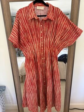 Anthropologie Exquise Tobie Red and Cream Striped Button-Front Midi Dress